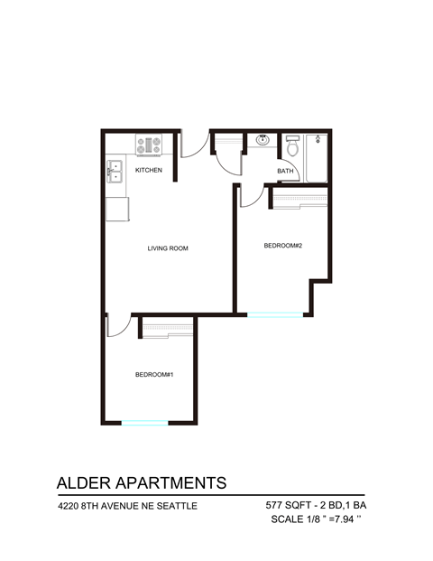 Floor plan for 2 beds, 1 bath, 497 sqft